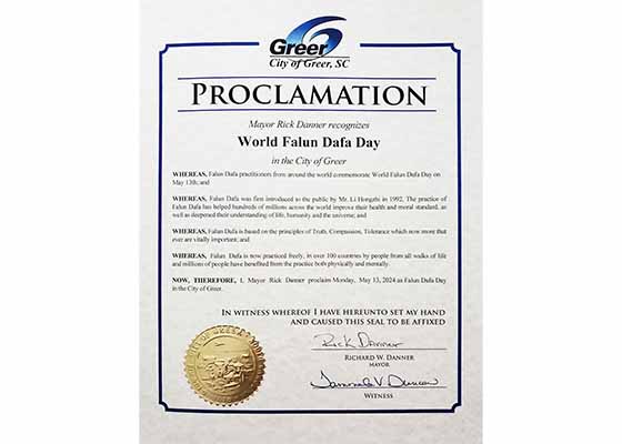 Image for article South Carolina, US: Mayor of Greer City Proclaims Falun Dafa Day